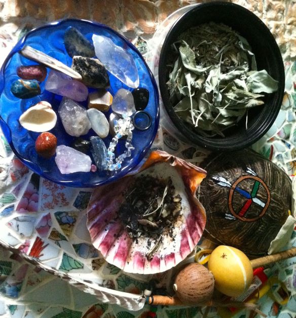 Some of my supplies: Stones and shells, Sage, Rattle, Feather. 
